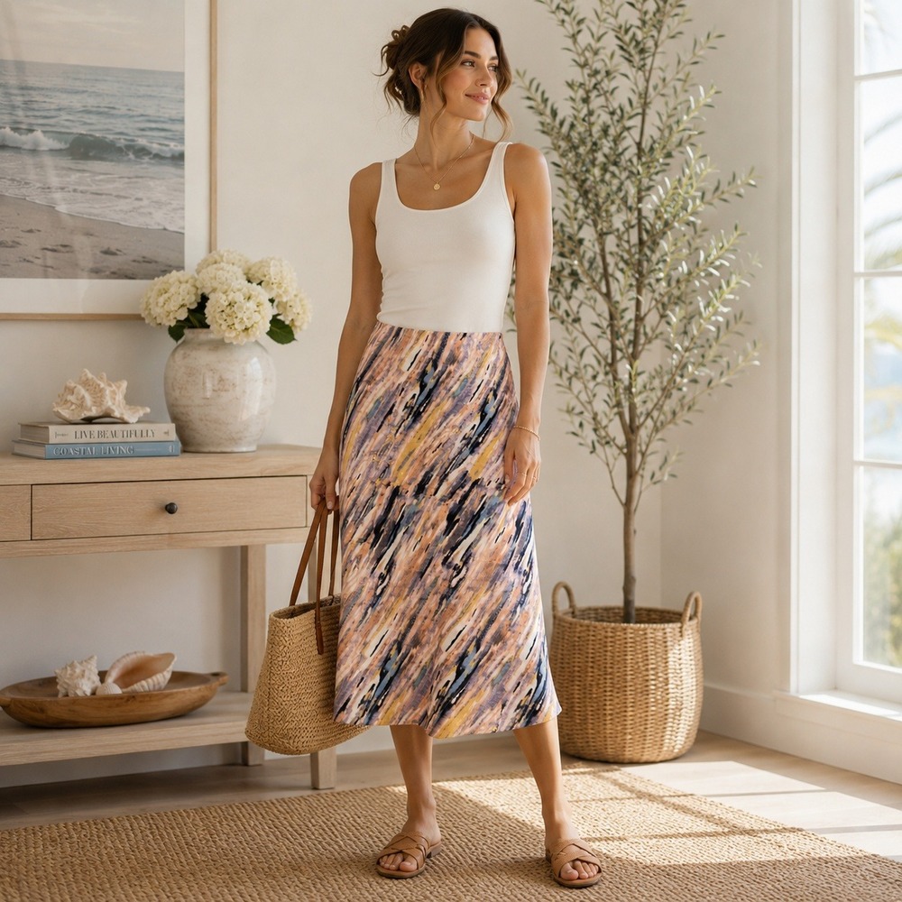 Babaton Aritzia Satin Slip Skirt Sz 4 Abstract‎ Print A-Line Midi Boho Y2K